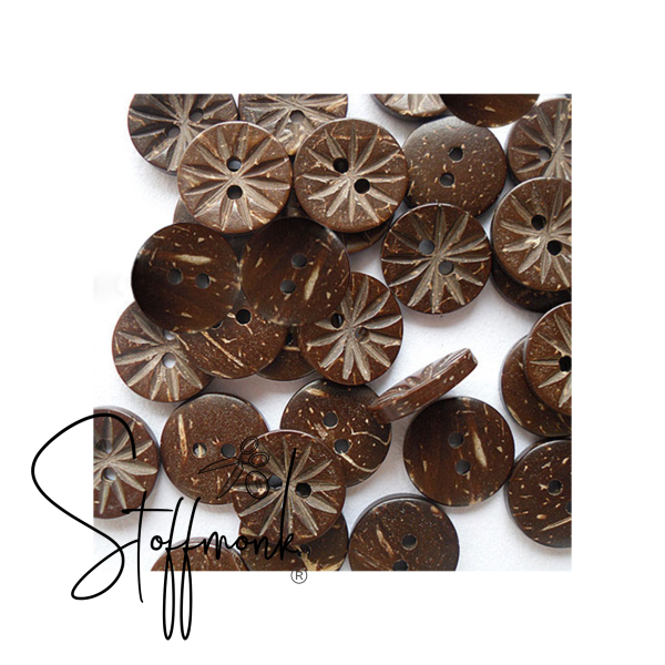 Kokos Knopf  - Sternblume Gravur - 13 mm - 2 Stück -